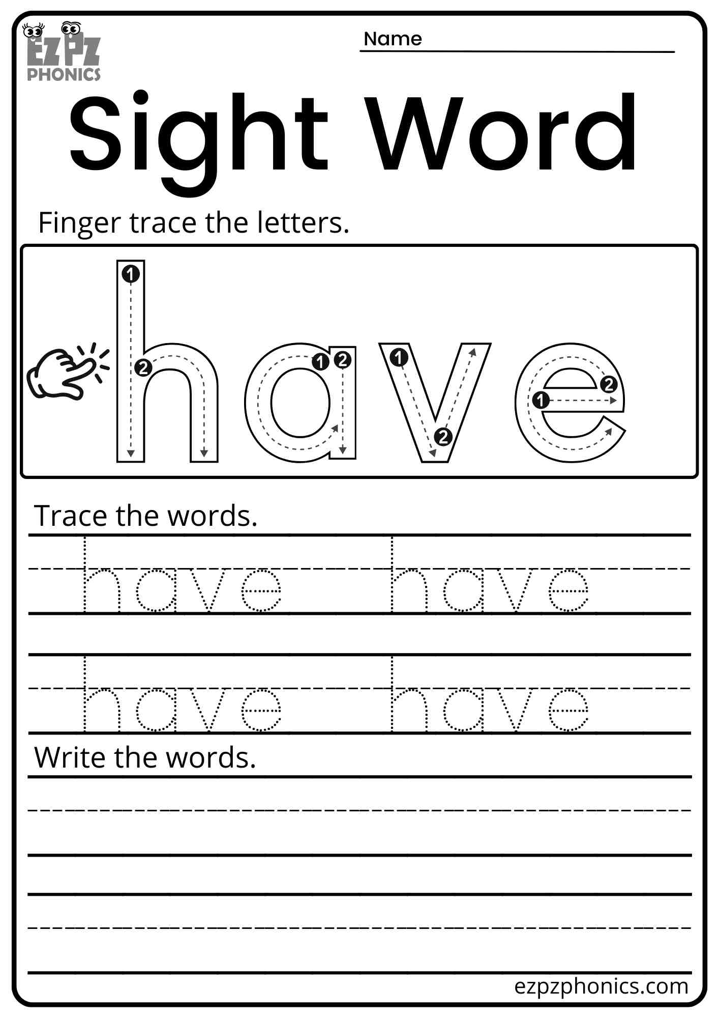 "Have" Dolch Kindergarten Trace and Write the Word Sight Word Worksheet